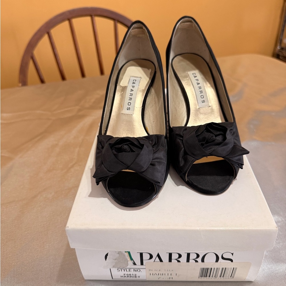 Caparros Black Satin Peep-Toe Heels